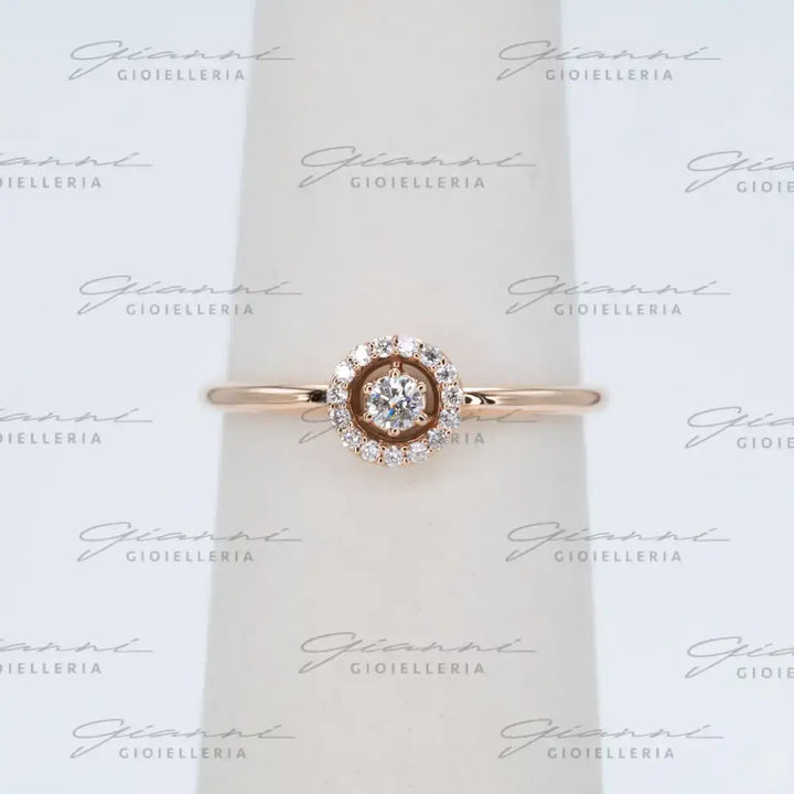 Anello Crivelli - Oro Rosa con Diamante centrale e contorno di Diamanti Anelli