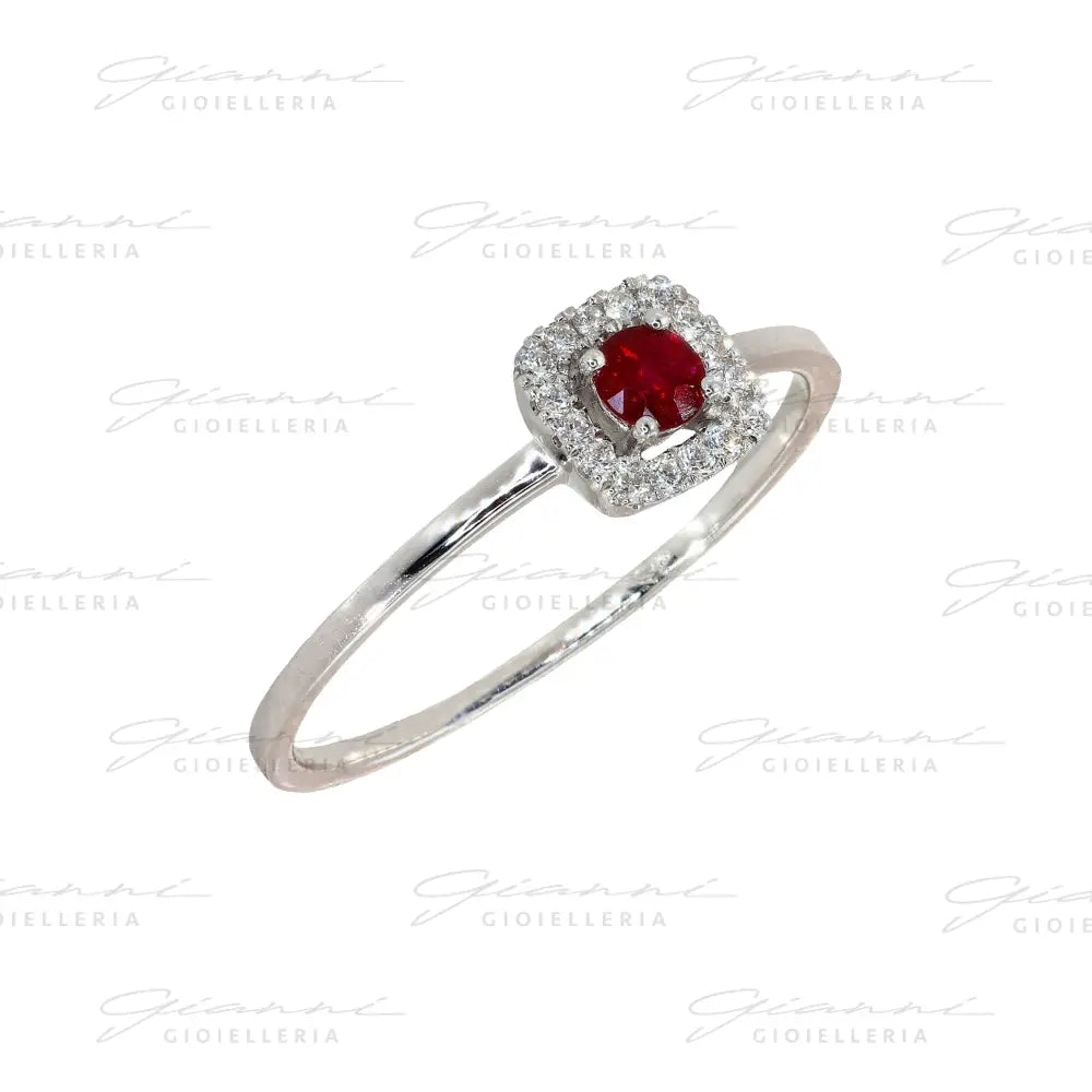 Anello Crivelli - Rubino centrale e contorno di diamanti in Oro Bianco Anelli