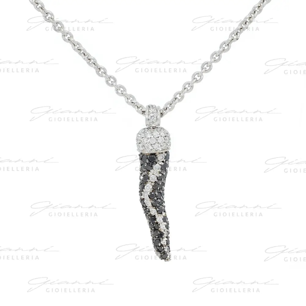 Girocollo Crivelli Pendente Cornetto 2,7 cm con Pavé di Diamanti Neri e Diamanti Bianchi in Oro Bianco Collane