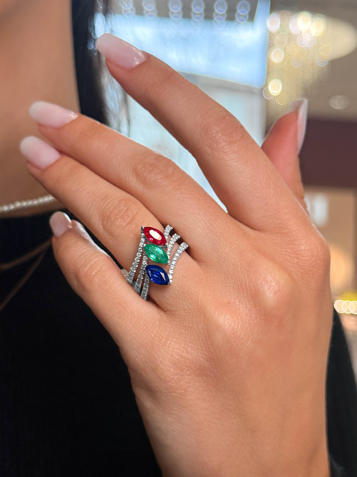 Anello Crivelli - Zaffiro taglio Navette in Oro Bianco con Diamanti