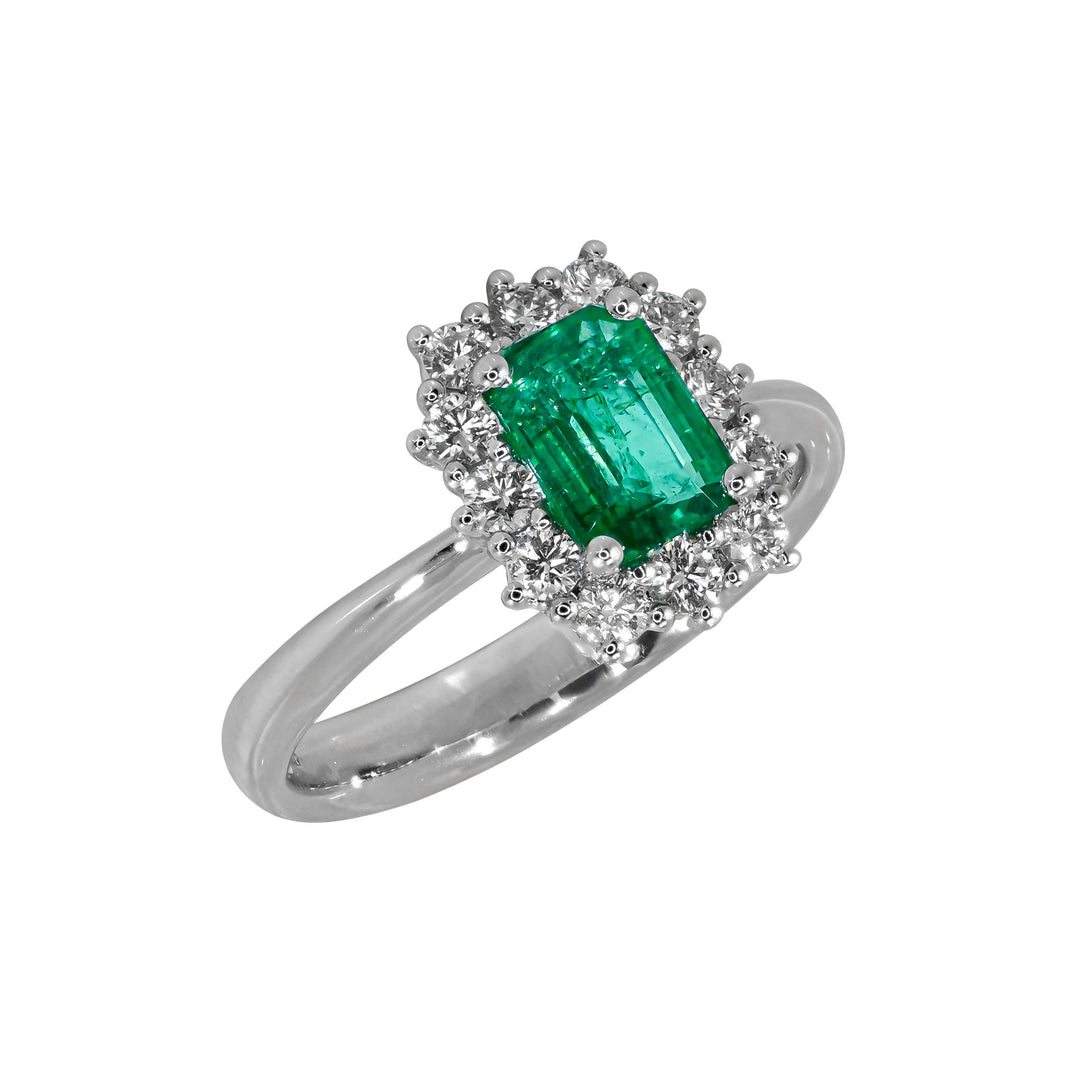 Anello Crivelli - Solitario in Oro Bianco con Diamanti e Smeraldo taglio Ottagonale da 1,06 Ct.
