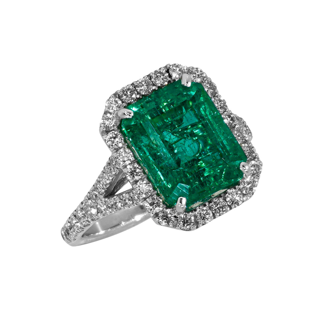 Anello Crivelli - Solitario in Oro Bianco con Diamanti e Smeraldo taglio Ottagonale da 4,10 Ct.