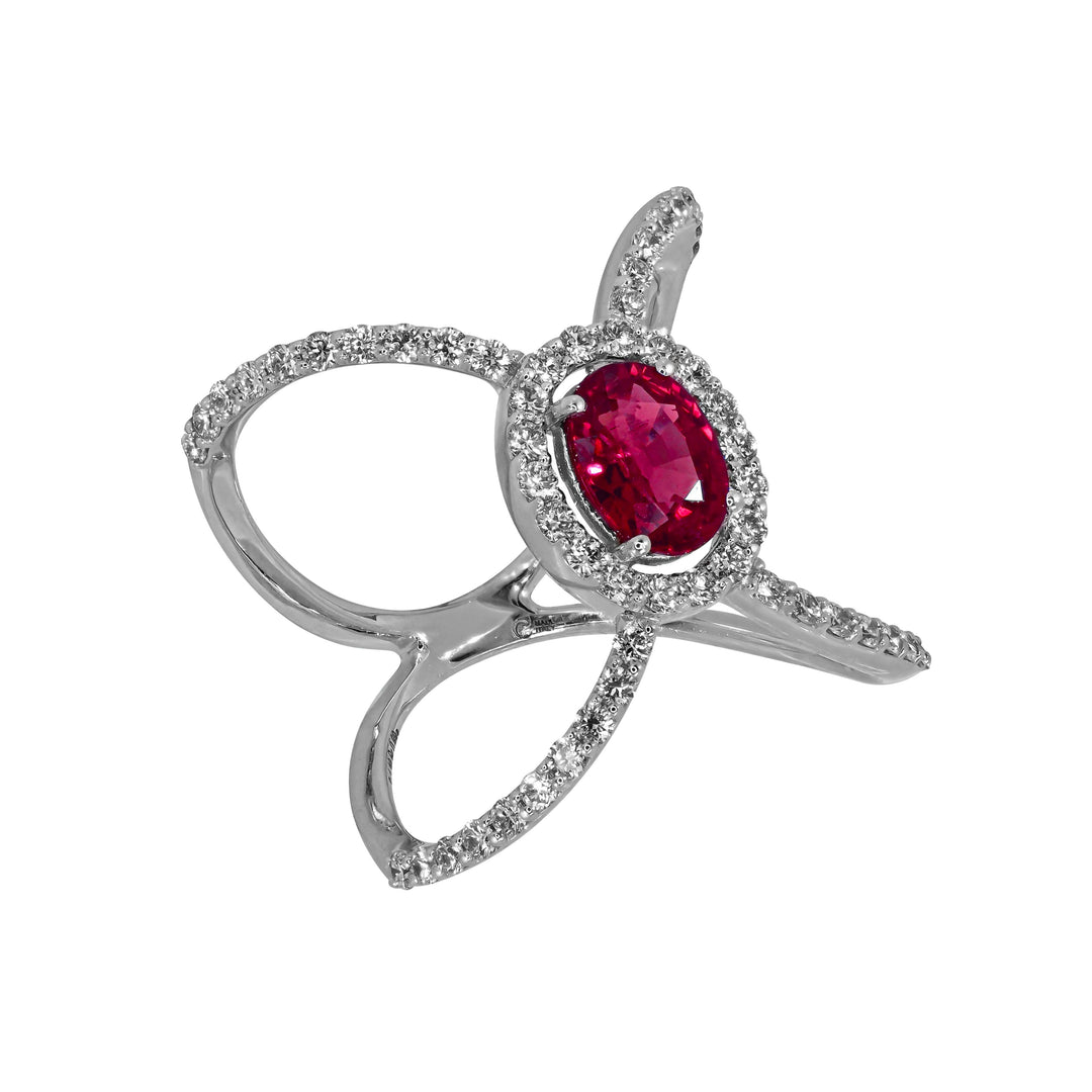 Anello Crivelli - Fascia Incrociata in Oro Bianco con Diamanti e Rubino 1,10 ct.