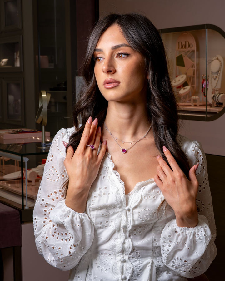 Anello Crivelli - Solitario in Oro Bianco con Zaffiri Rosa e Diamanti