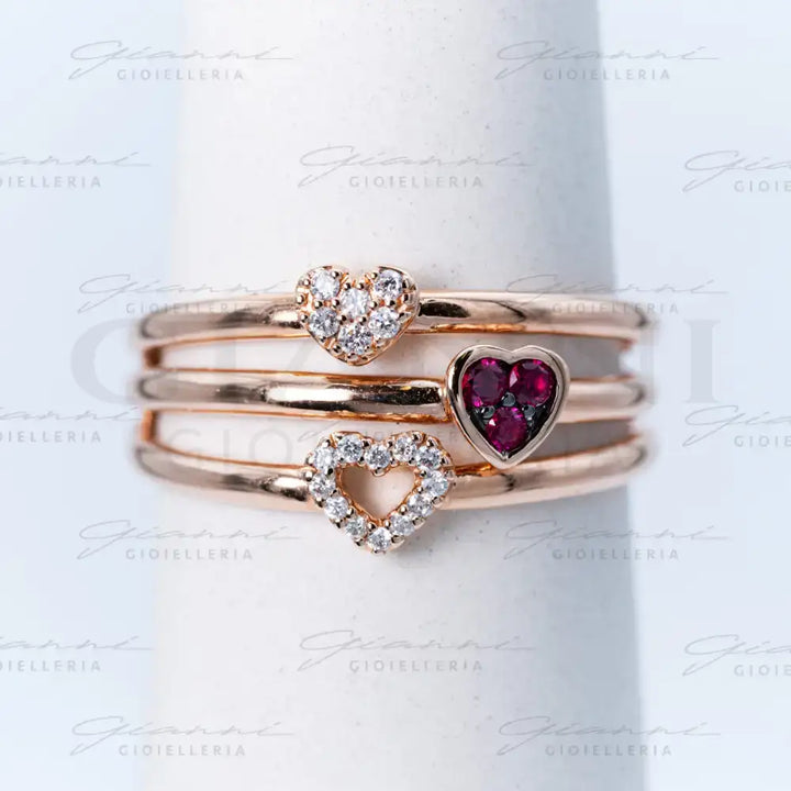 Anello Crivelli - Cuori in Oro Rosa con Diamanti e Rubini Anelli