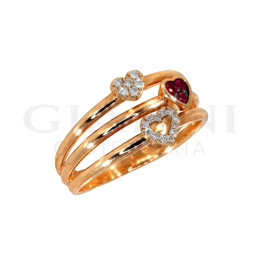 Anello Crivelli - Cuori in Oro Rosa con Diamanti e Rubini Anelli