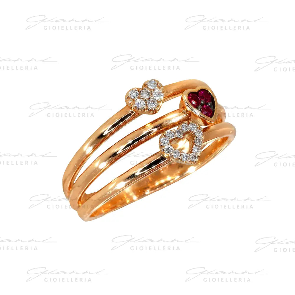 Anello Crivelli - Cuori in Oro Rosa con Diamanti e Rubini Anelli