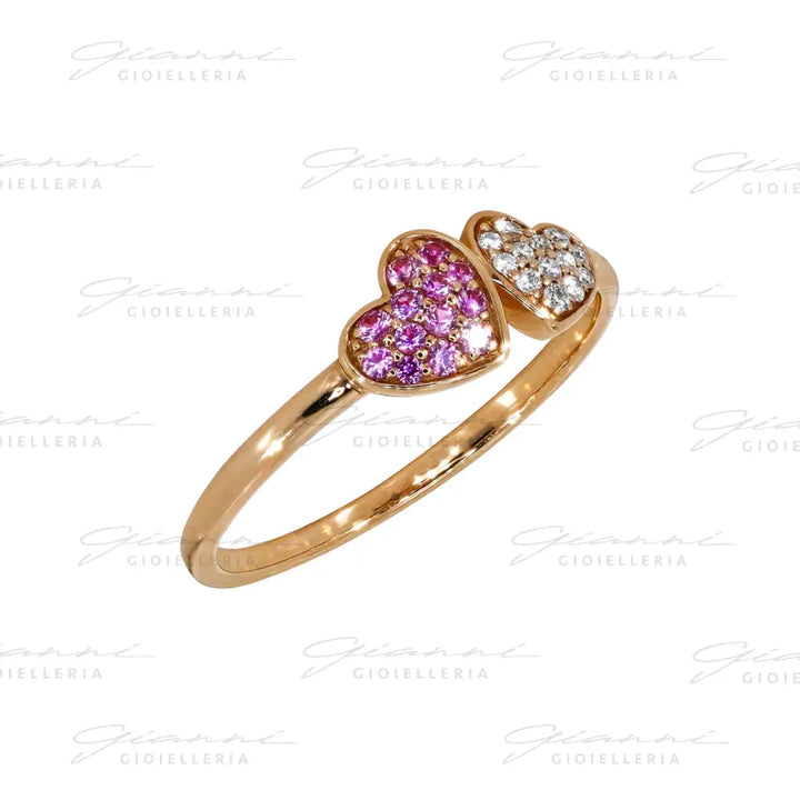 Anello Crivelli - Fantasia Cuori in Oro Rosa con Pavé di Diamanti e Zaffiri Rosa Anelli
