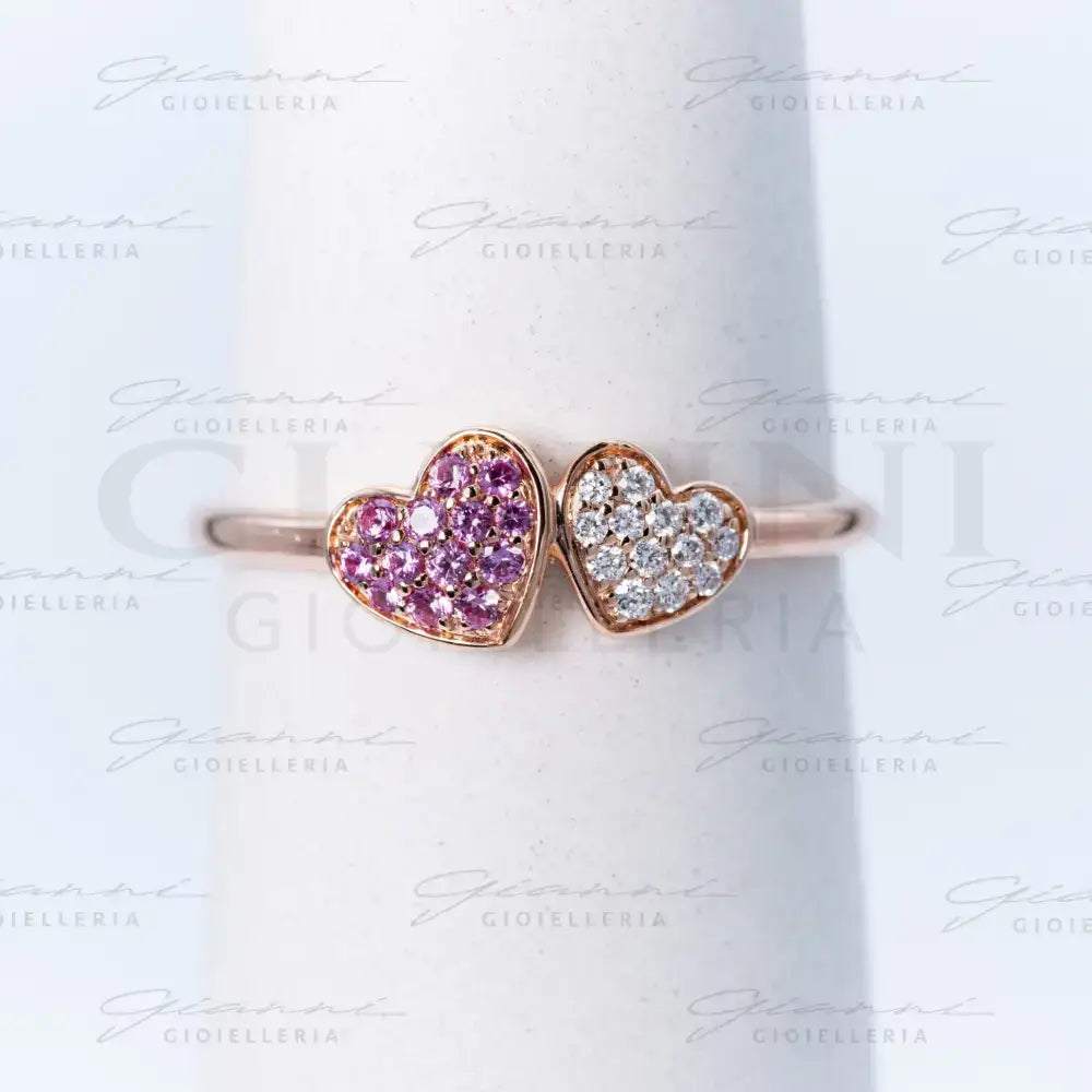 Anello Crivelli - Fantasia Cuori in Oro Rosa con Pavé di Diamanti e Zaffiri Rosa Anelli