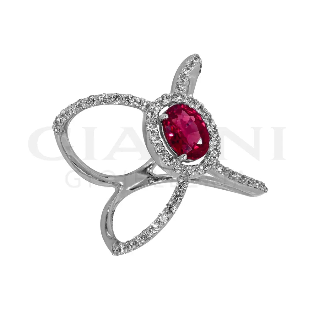Anello Crivelli - Fascia Incrociata in Oro Bianco con Diamanti e Rubino 1,10 ct. - Anelli