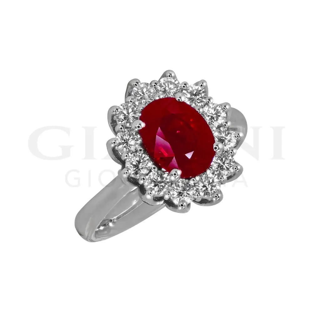 Anello Crivelli - ’Kate’ con Rubino 1,82 ct. e contorno di Diamanti in Oro Bianco Anelli