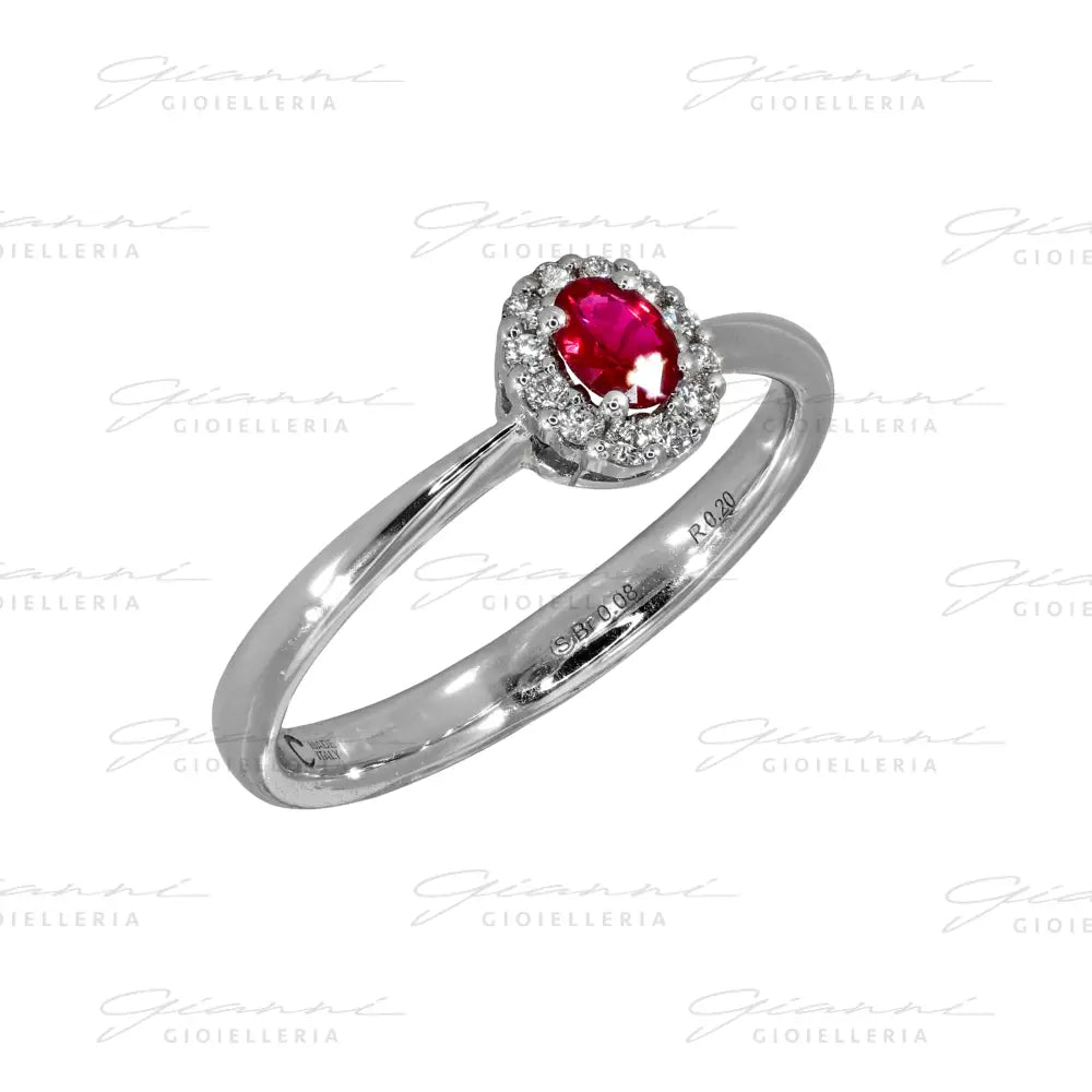 Anello Crivelli - Kate con Rubino e contorno di Diamanti Oro Bianco Anelli