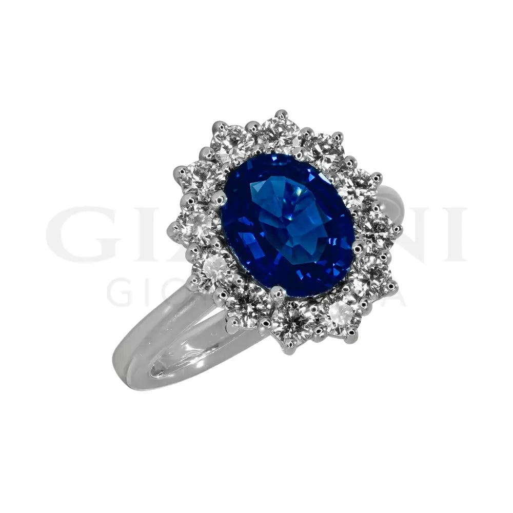 Anello Crivelli - ’Kate’ con Zaffiro 2,08 ct. e contorno di Diamanti in Oro Bianco Anelli
