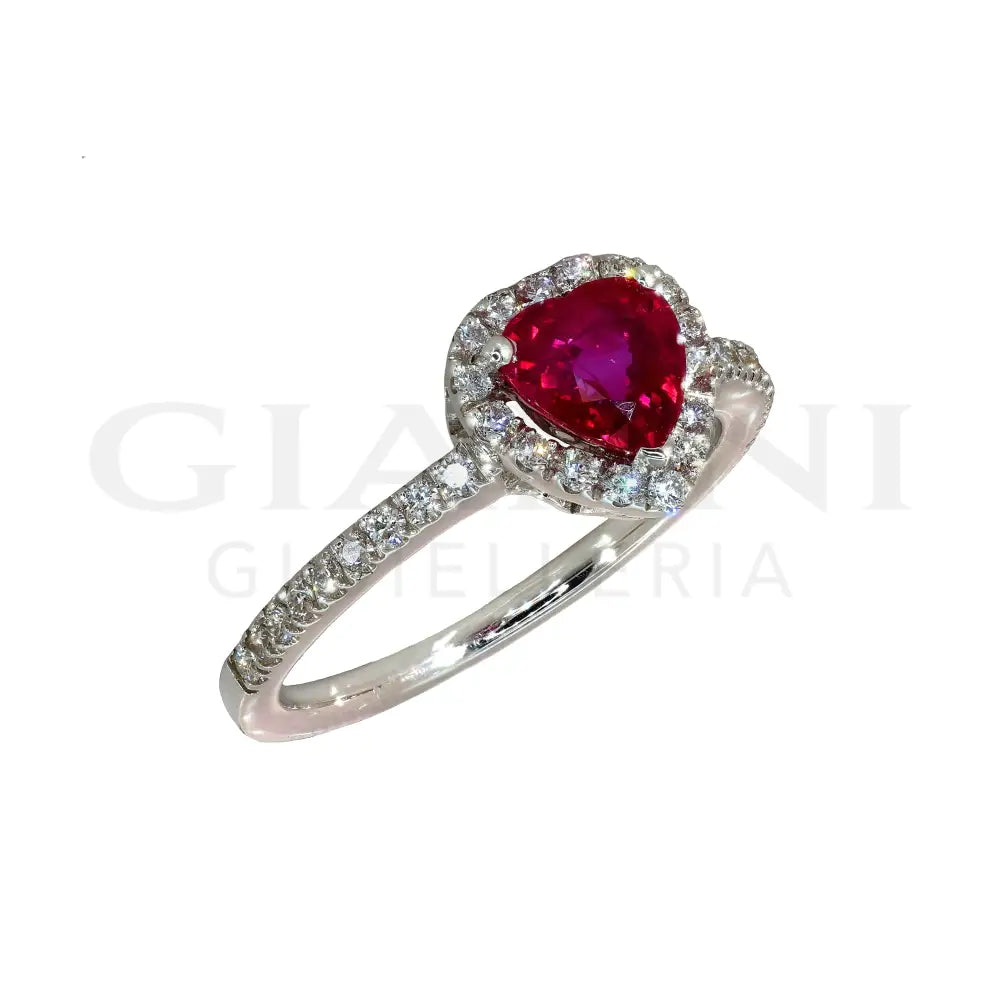 Anello Crivelli - Rubino taglio Cuore e contorno di Diamanti in Oro Bianco Anelli
