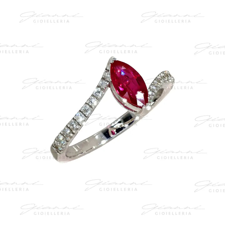 Anello Crivelli - Rubino taglio Navette in Oro Bianco con Diamanti Anelli