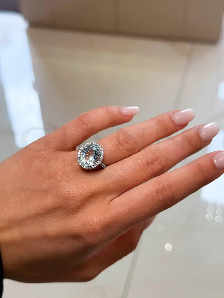 Anello Crivelli - Solitario in Oro Bianco con Acquamarina e Diamanti - Anelli