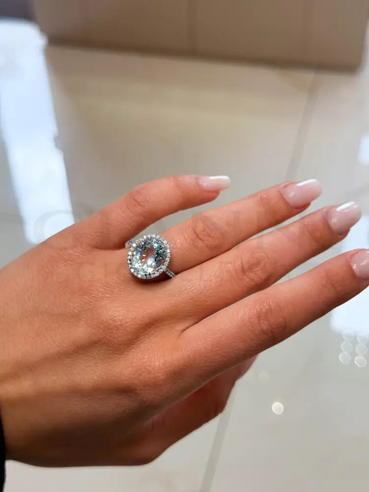 Anello Crivelli - Solitario in Oro Bianco con Acquamarina e Diamanti - Anelli