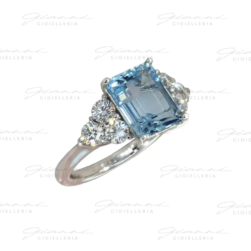 Anello Crivelli - Solitario in Oro Bianco con Acquamarina e Diamanti Anelli