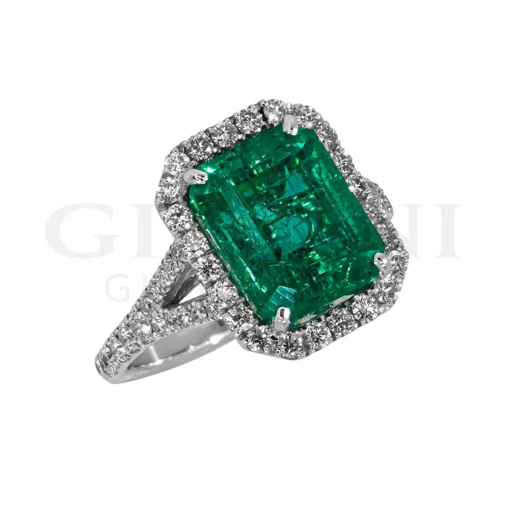 Anello Crivelli - Solitario in Oro Bianco con Diamanti e Smeraldo taglio Ottagonale da 4,10 Ct. - Anelli