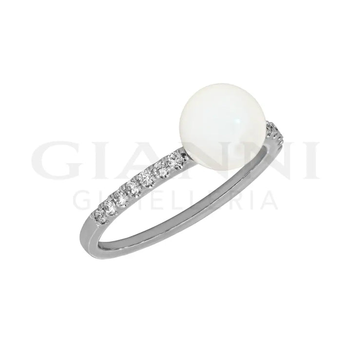 Anello Crivelli - Solitario in Oro Bianco con Perla e Diamanti - Anelli
