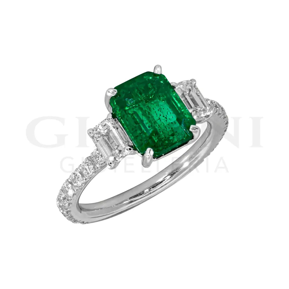 Anello Crivelli - Solitario in Oro Bianco con Smeraldo e Diamanti - Anelli