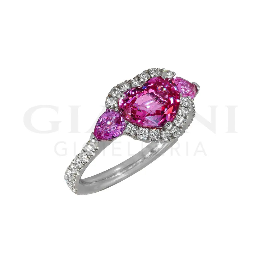Anello Crivelli - Solitario in Oro Bianco con Zaffiri Rosa e Diamanti Anelli