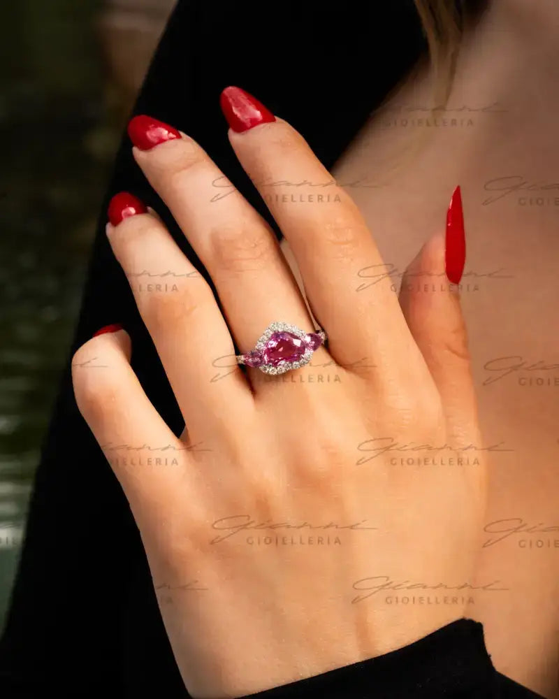 Anello Crivelli - Solitario in Oro Bianco con Zaffiri Rosa e Diamanti Anelli