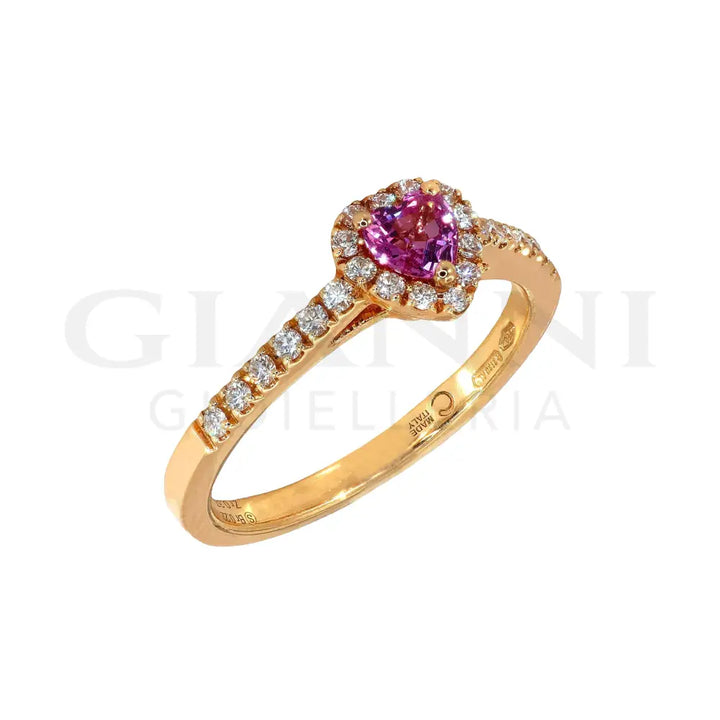 Anello Crivelli - Zaffiro Rosa taglio Cuore e contorno di Diamanti in Oro Rosa Anelli