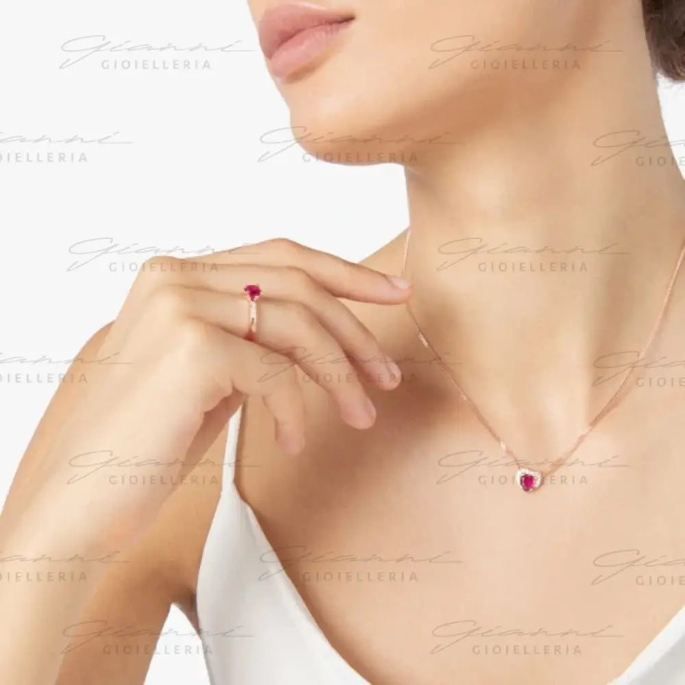 Anello DoDo - Cuore oro rosa rubino sintetico & diamanti Anelli