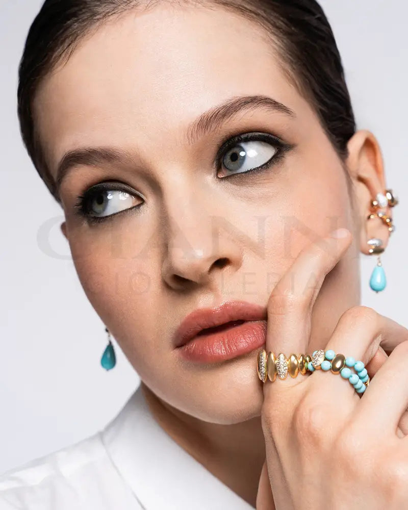 Anello Elastico Rue Des Mille - Tripla ellissi turchese oro giallo Anelli