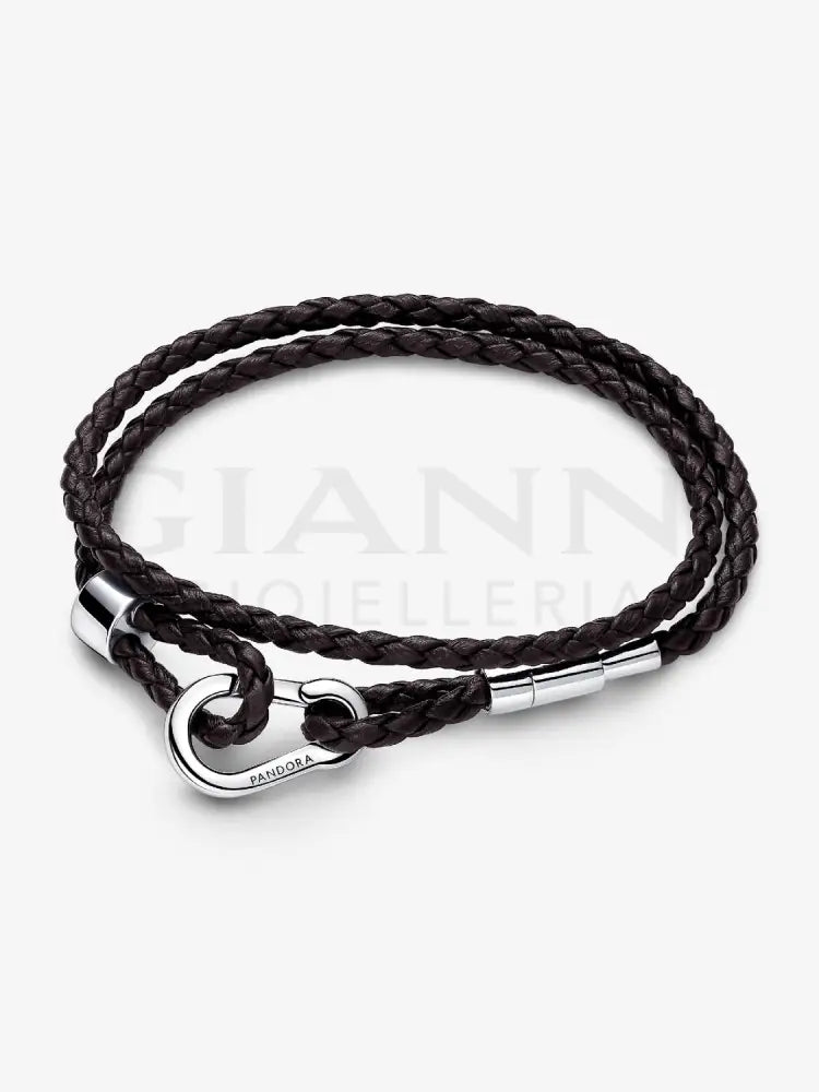 Bracciale Pandora - Moments in Pelle Marrone Doppio con Chiusura a Moschettone Regolabile 38 cm Bracciali