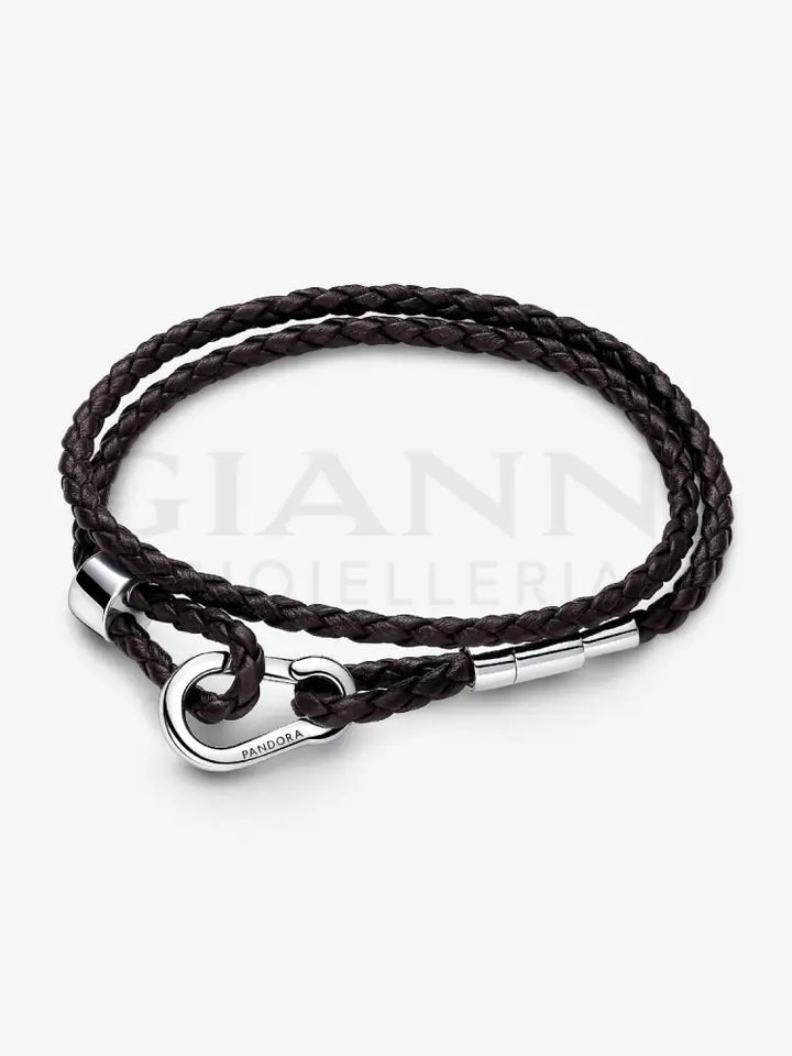 Bracciale Pandora - Moments in Pelle Marrone Doppio con Chiusura a Moschettone Regolabile 38 cm Bracciali