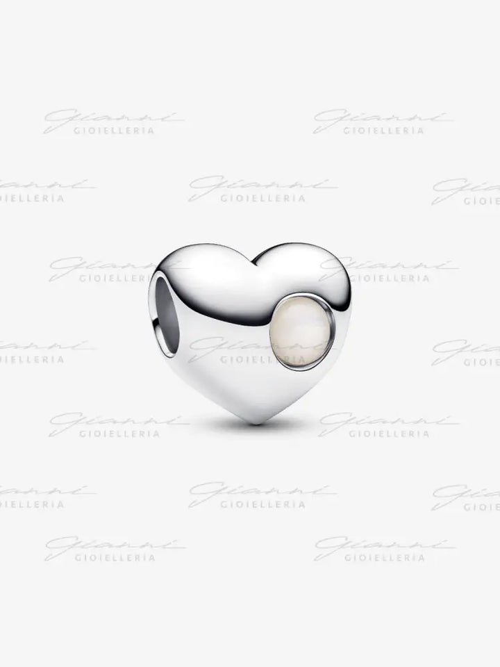 Charm Pandora - Cuore con Pietra Bianca Madreperla Artificiale Giugno da incidere Charm
