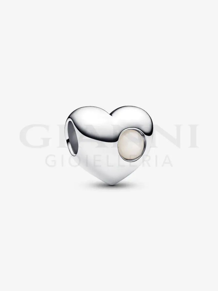 Charm Pandora - Cuore con Pietra Bianca Madreperla Artificiale Giugno da incidere Charm