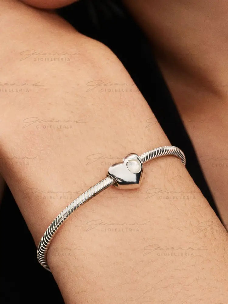 Charm Pandora - Cuore con Pietra Bianca Madreperla Artificiale Giugno da incidere Charm