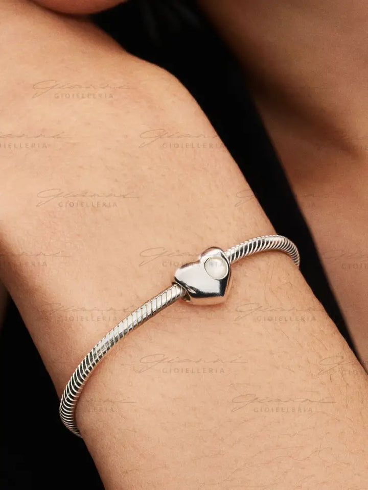 Charm Pandora - Cuore con Pietra Bianca Madreperla Artificiale Giugno da incidere Charm