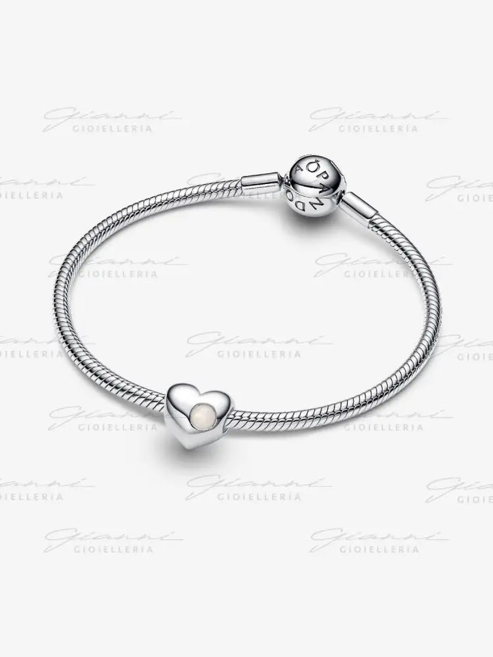 Charm Pandora - Cuore con Pietra Bianca Madreperla Artificiale Giugno da incidere Charm