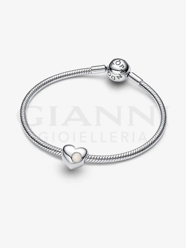 Charm Pandora - Cuore con Pietra Bianca Madreperla Artificiale Giugno da incidere Charm
