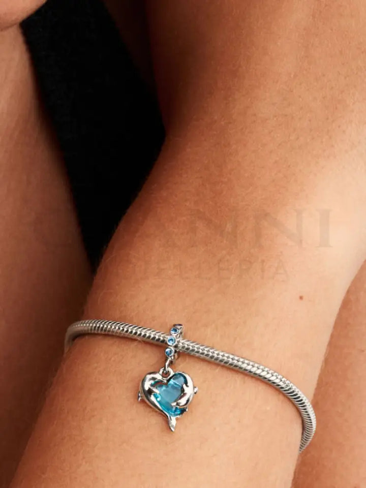 Charm Pandora - Pendente Delfini e Cuore Vetro di Murano Charm
