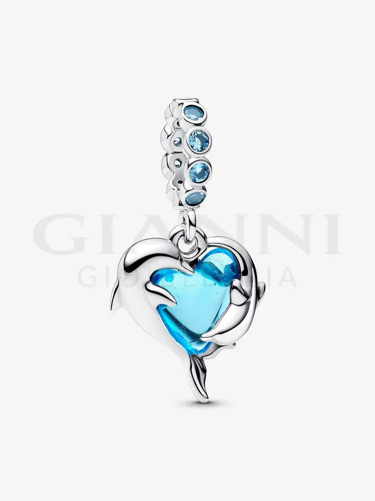 Charm Pandora - Pendente Delfini e Cuore Vetro di Murano Charm