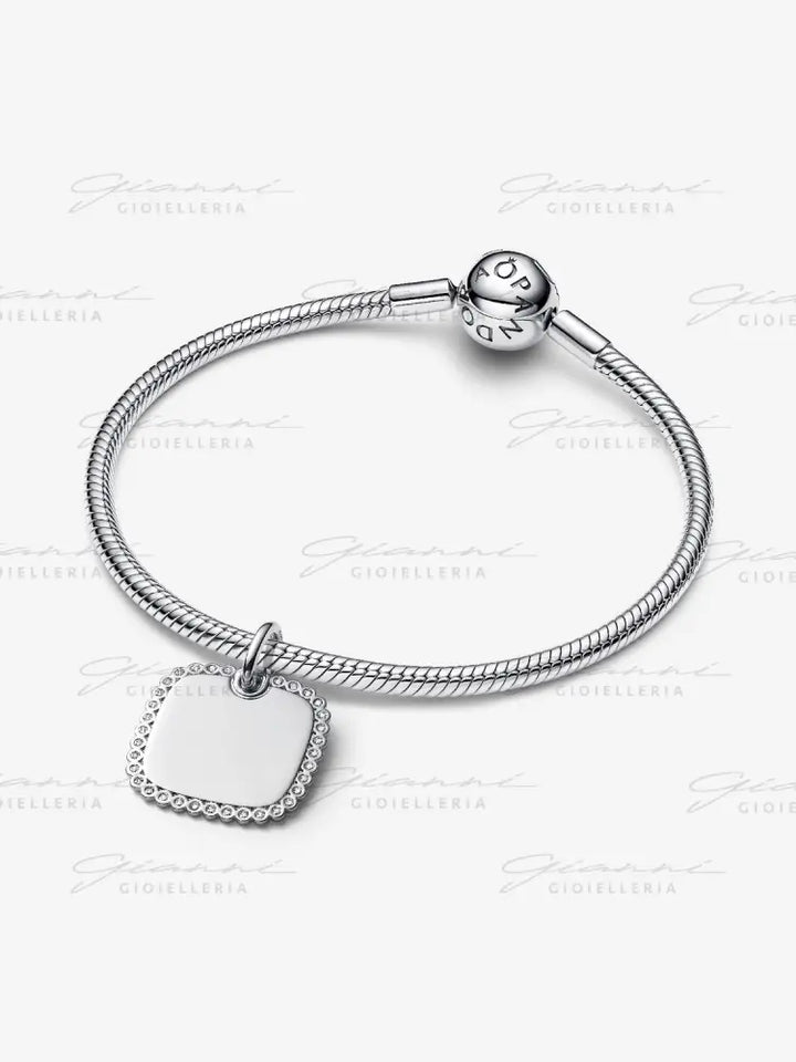 Charm Pandora - Pendente Medaglia Quadrata Luminosa da incidere in Argento Charm