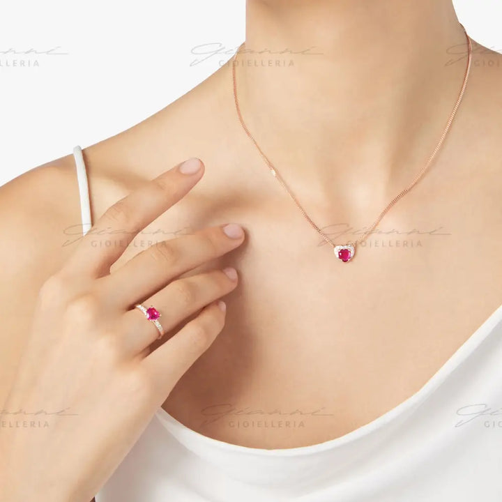 Collana DoDo - Cuore Oro Rosa Rubino sintetico & Diamanti Collane