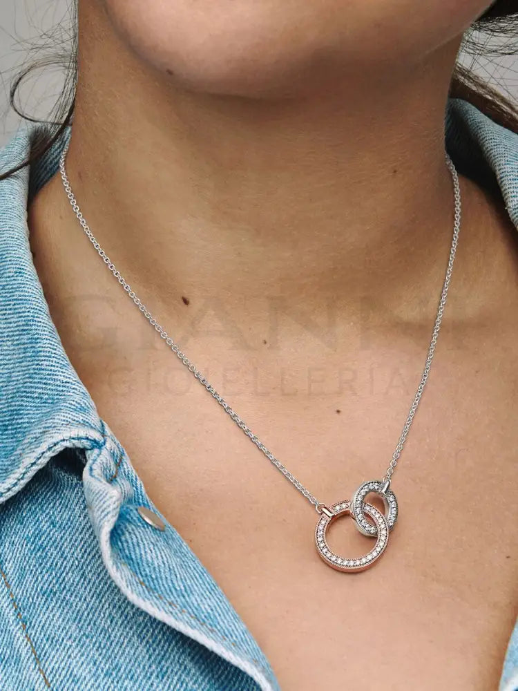 Collana Pandora - Cerchi Intrecciati Bicolore e Pavè 45 cm Collane