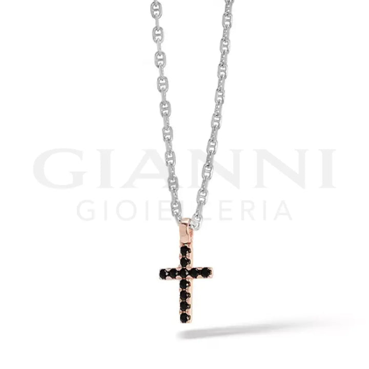 Girocollo Comete - Croce in Argento Rosè con Zirconi Neri Small - Collane