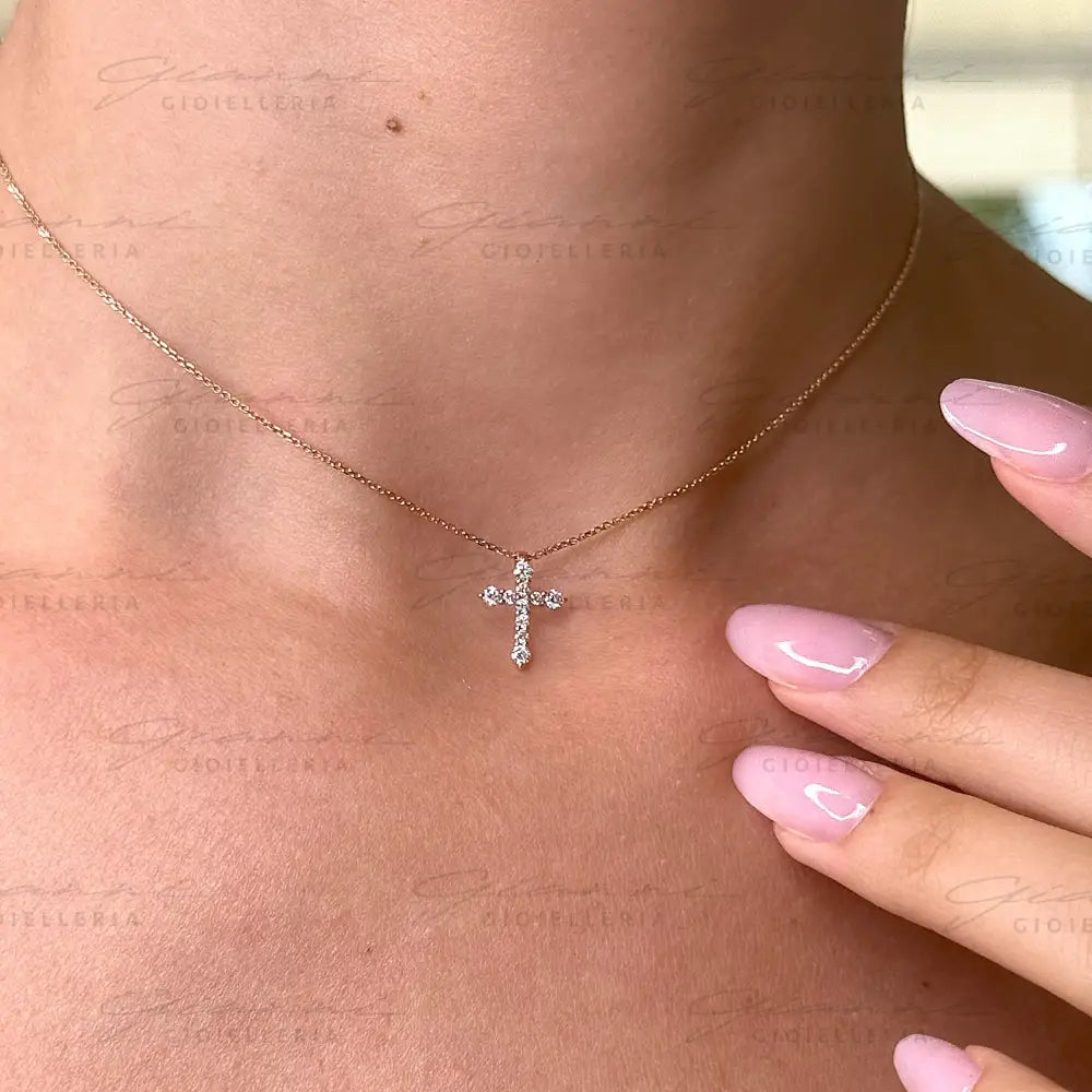 Girocollo Crivelli Croce con Diamanti in Oro Rosa Collane