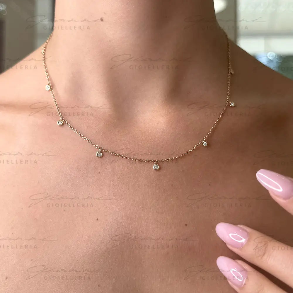 Girocollo Crivelli Oro Rosa con 9 Diamanti Pendenti Collane