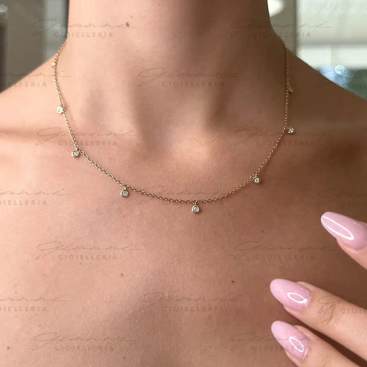 Girocollo Crivelli Oro Rosa con 9 Diamanti Pendenti Collane