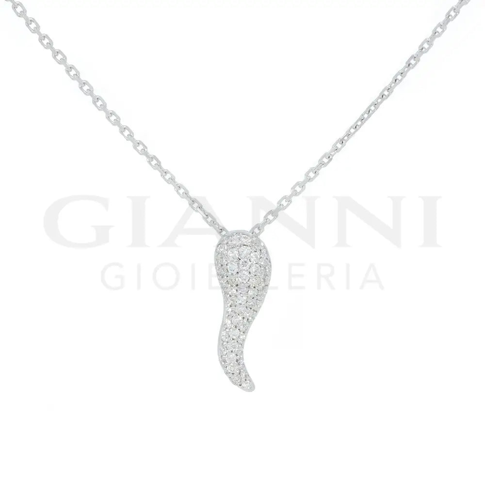 Girocollo Crivelli Pendente Cornetto 1,7 cm con Pavé di Diamanti in Oro Bianco Collane