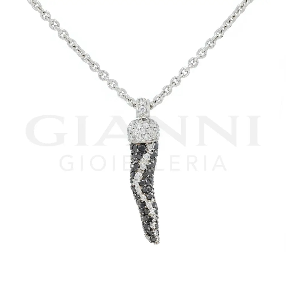 Girocollo Crivelli Pendente Cornetto 2,7 cm con Pavé di Diamanti Neri e Diamanti Bianchi in Oro Bianco Collane
