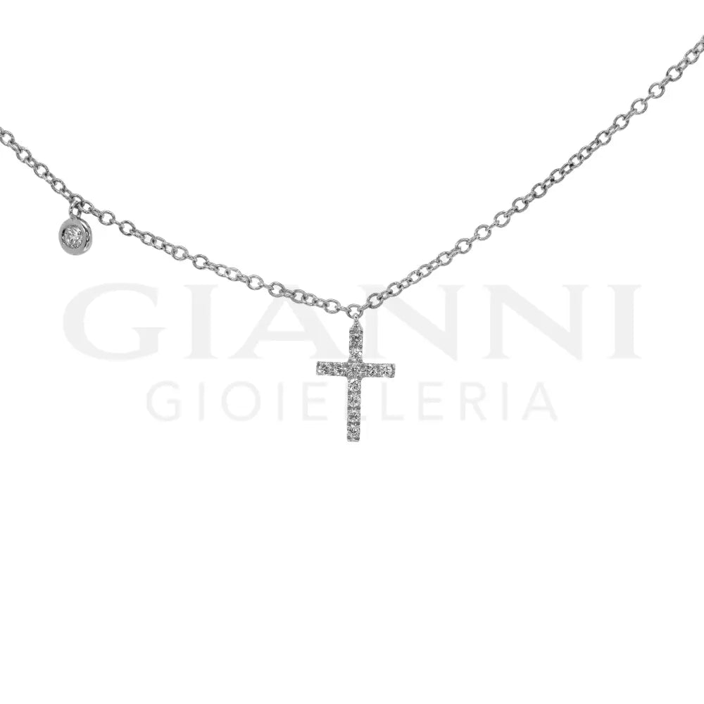 Girocollo Crivelli - Pendente Croce in Oro Bianco con Punto Luce e Diamanti - Collane
